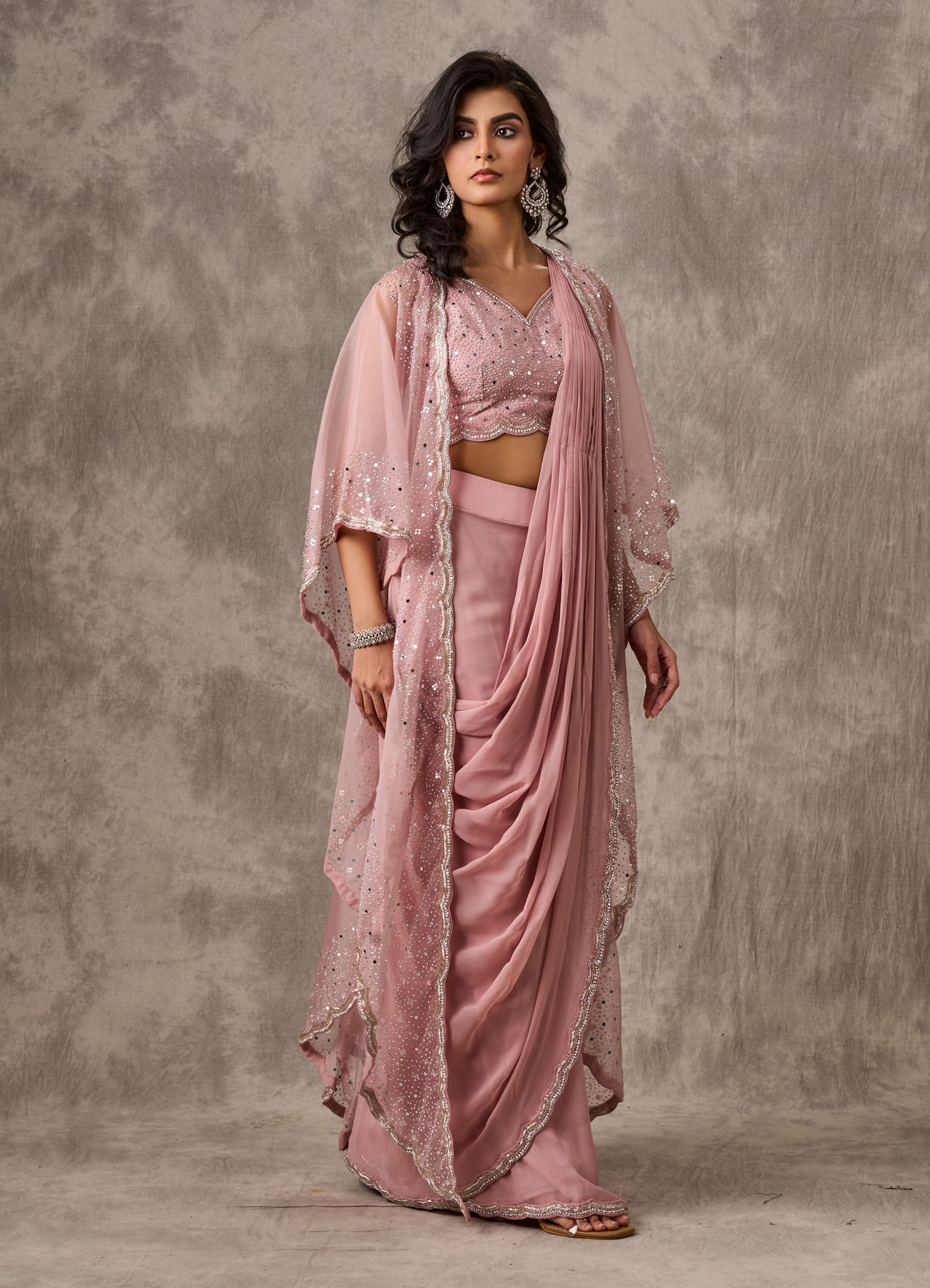 Twamev Women Pink Georgette Mirror Sequin Embroidered Cape Draped Saree