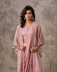 Twamev Women Pink Georgette Mirror Sequin Embroidered Cape Draped Saree