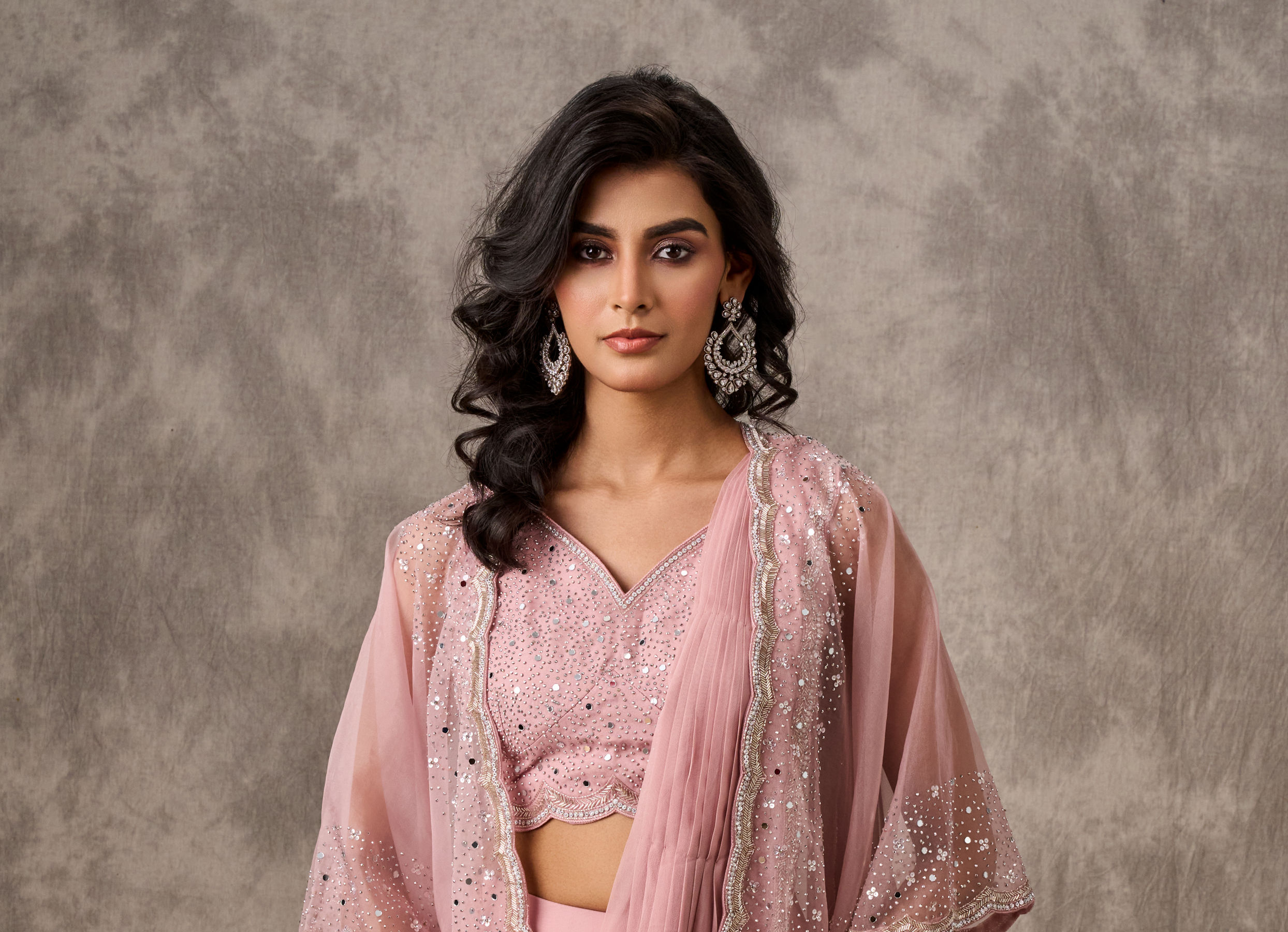 Twamev Women Pink Georgette Mirror Sequin Embroidered Cape Draped Saree