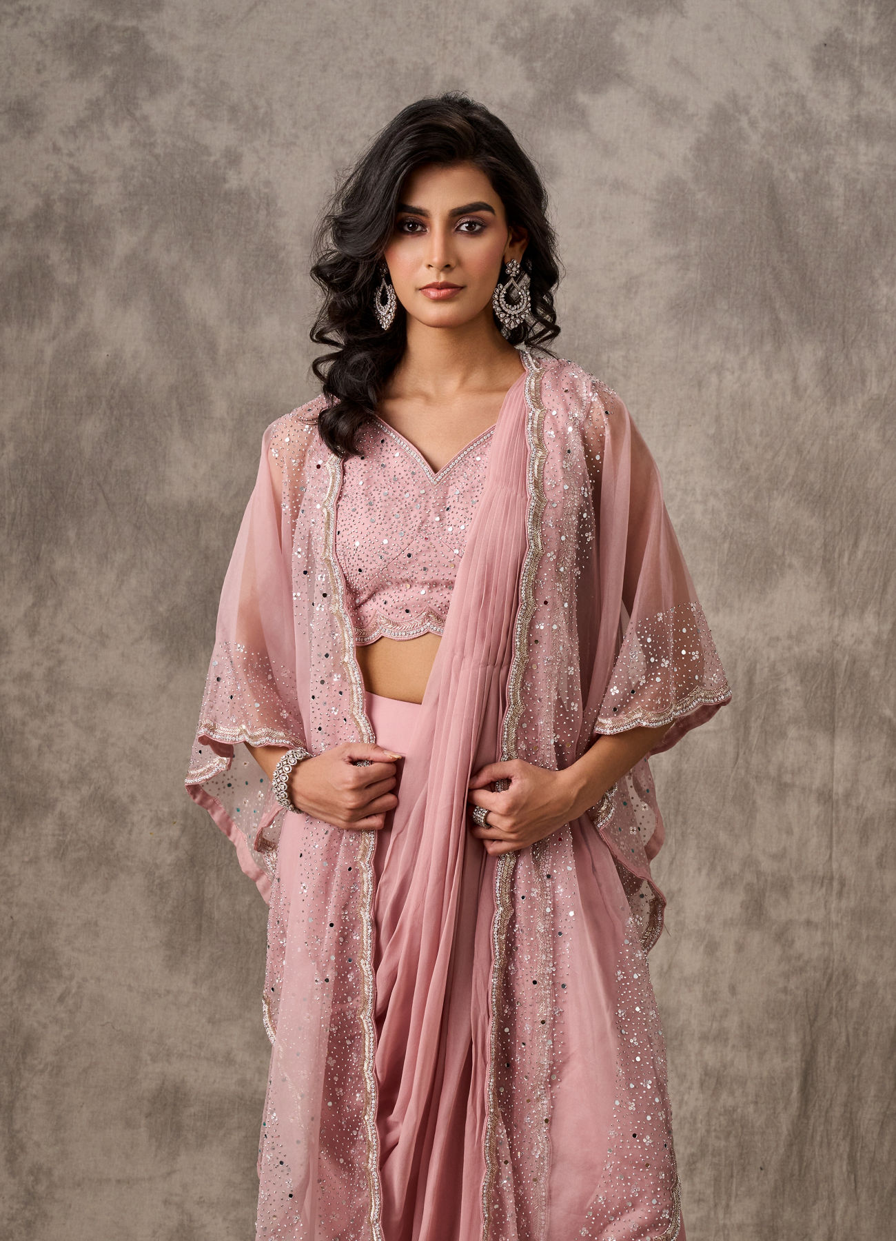 Twamev Women Pink Georgette Mirror Sequin Embroidered Cape Draped Saree