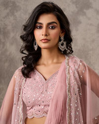 Twamev Women Pink Georgette Mirror Sequin Embroidered Cape Draped Saree