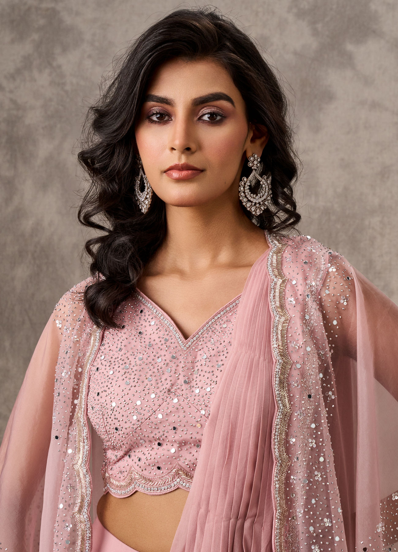 Twamev Women Pink Georgette Mirror Sequin Embroidered Cape Draped Saree
