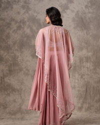 Twamev Women Pink Georgette Mirror Sequin Embroidered Cape Draped Saree