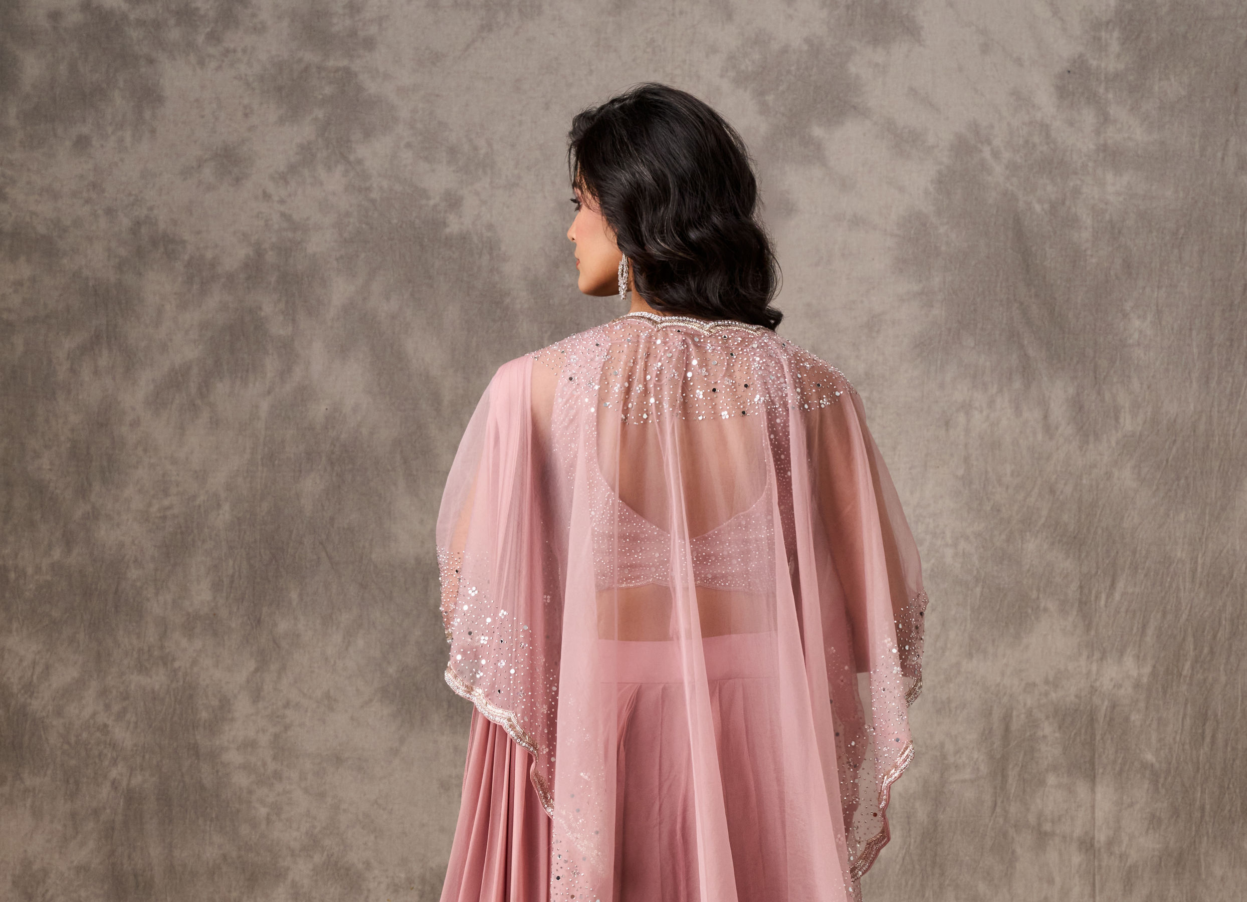 Twamev Women Pink Georgette Mirror Sequin Embroidered Cape Draped Saree