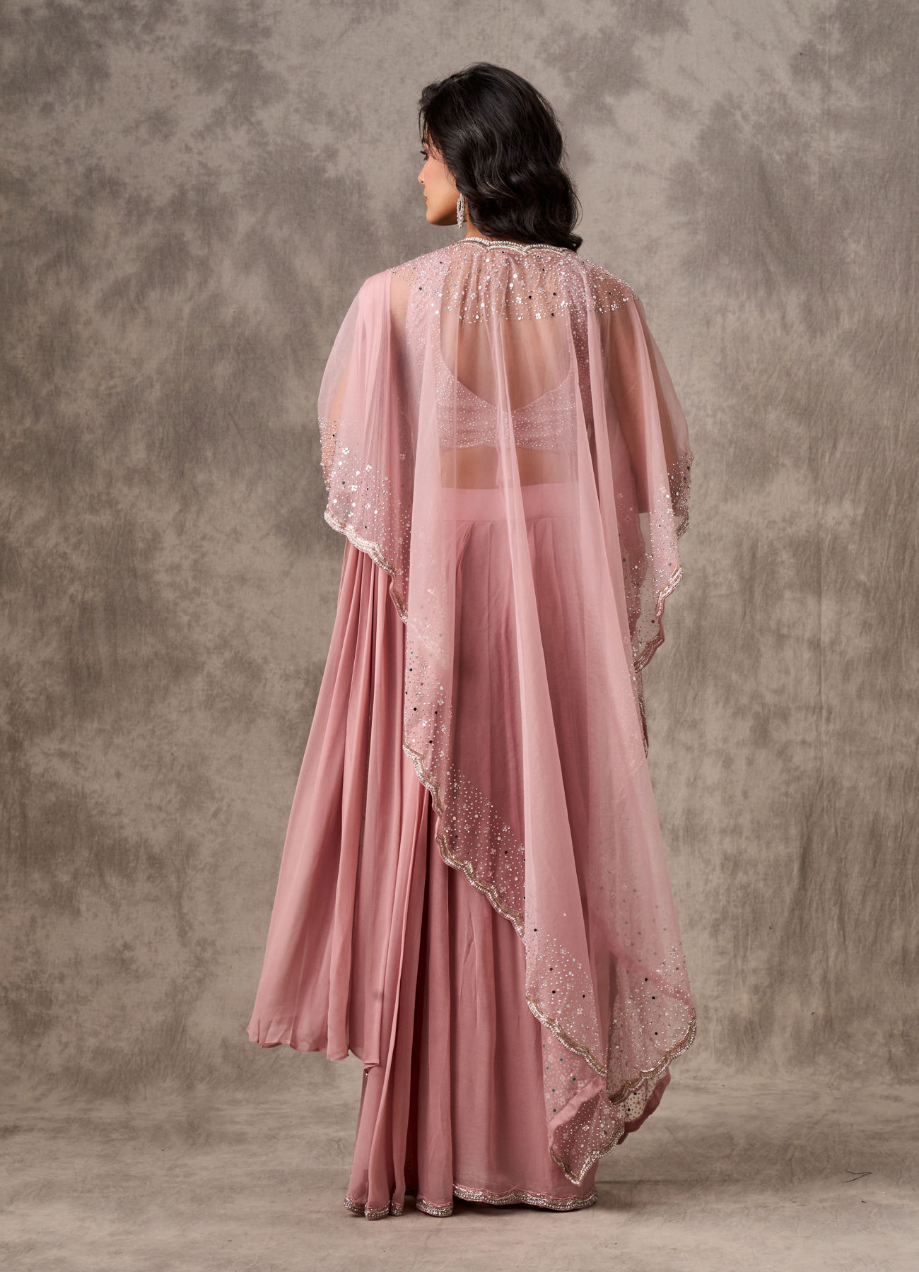 Twamev Women Pink Georgette Mirror Sequin Embroidered Cape Draped Saree