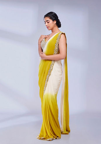 alt message - Twamev Women Radiant Mustard & Cream Georgette Saree image number 2