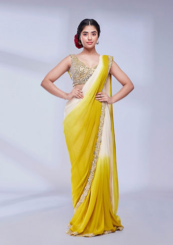 alt message - Twamev Women Radiant Mustard & Cream Georgette Saree image number 0