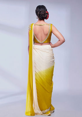 alt message - Twamev Women Radiant Mustard & Cream Georgette Saree image number 3