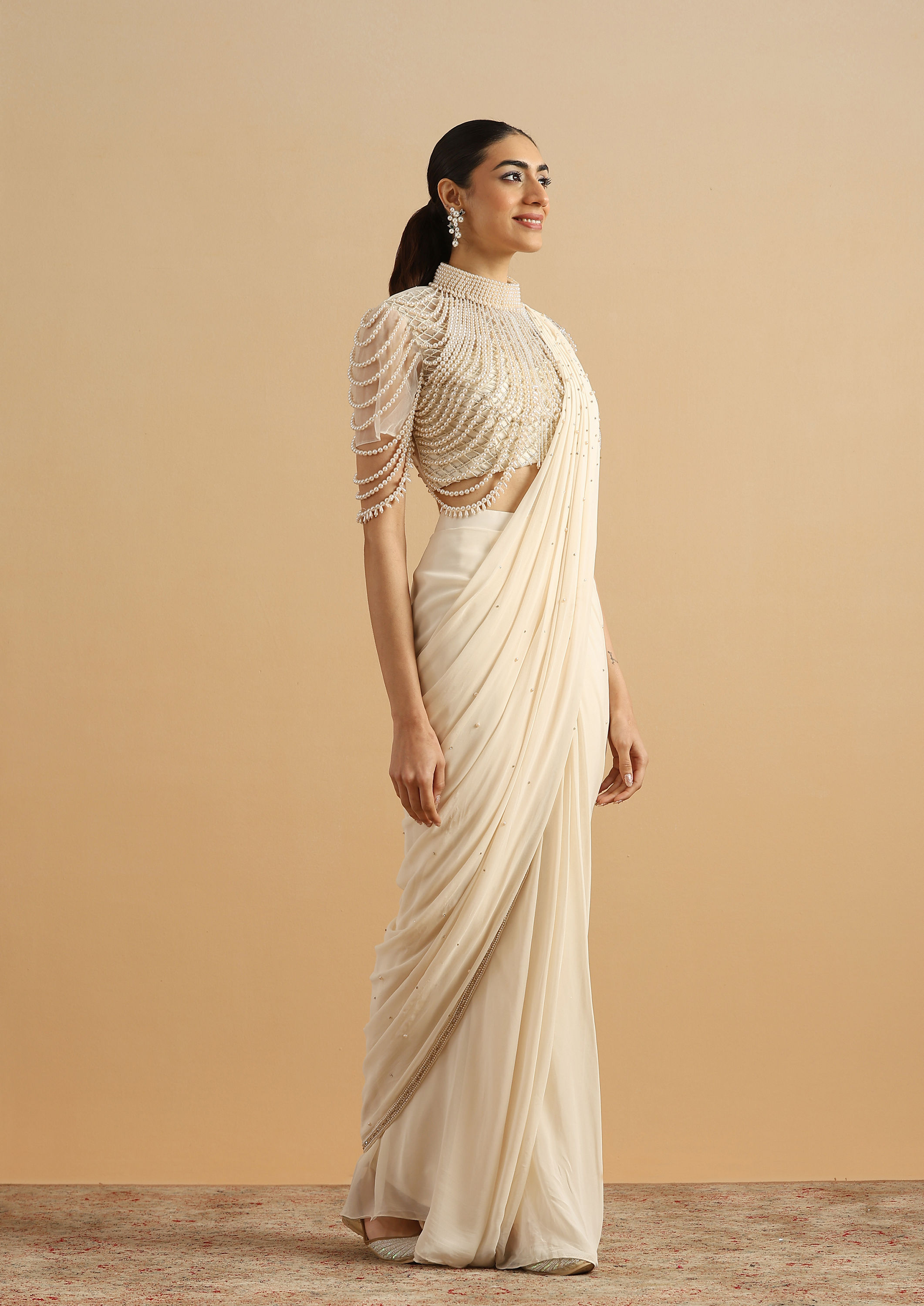 Twamev Women Cream Pearl Dream Party Saree