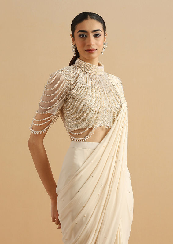 Twamev Women Cream Pearl Dream Party Saree