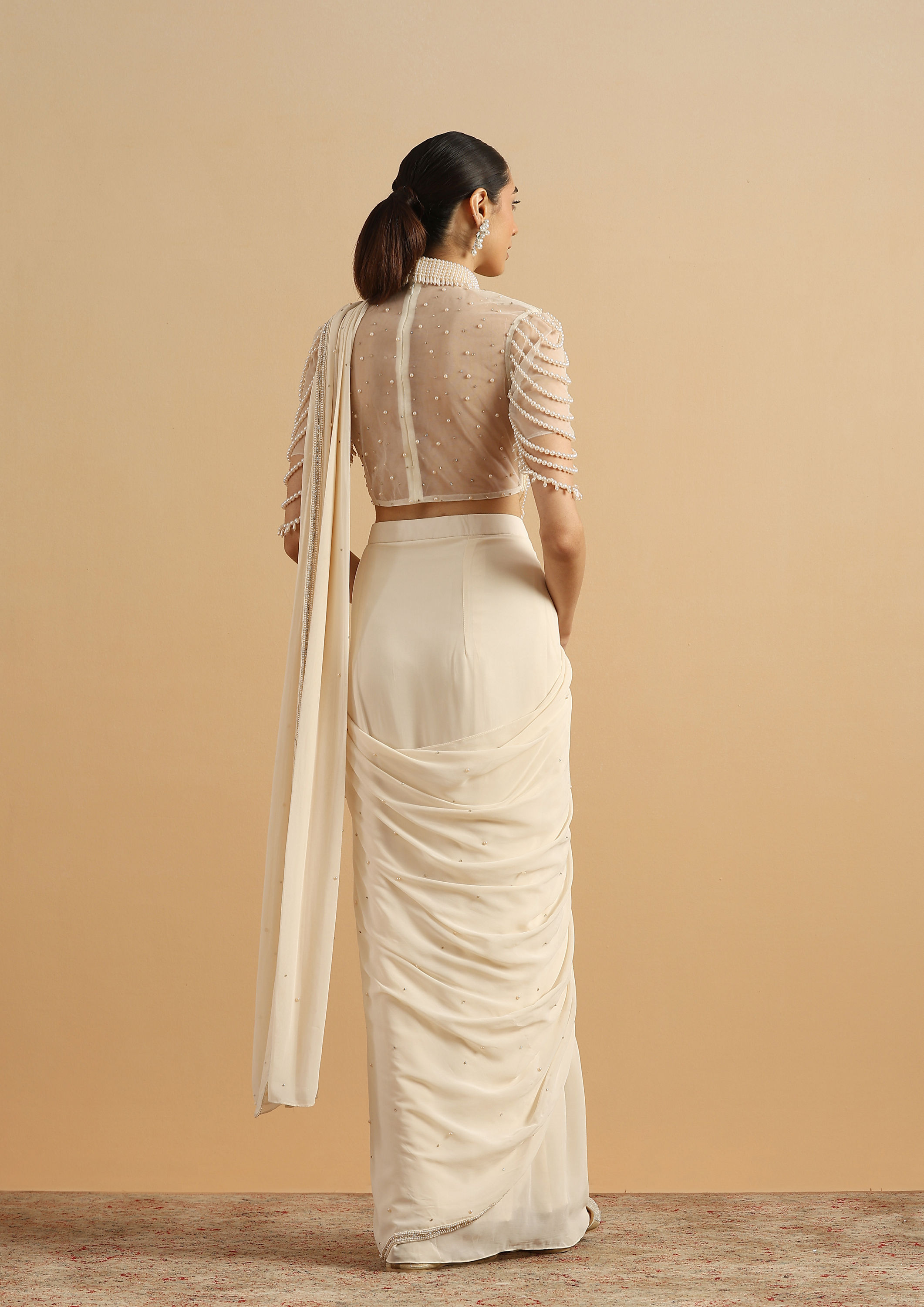 Twamev Women Cream Pearl Dream Party Saree
