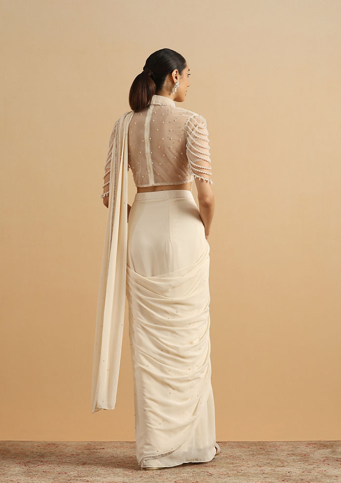 Twamev Women Cream Pearl Dream Party Saree