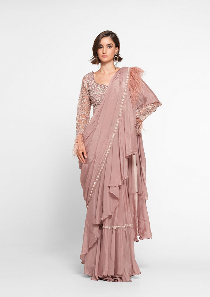 Twamev Women Dusty Pink Elegance Georgette Saree