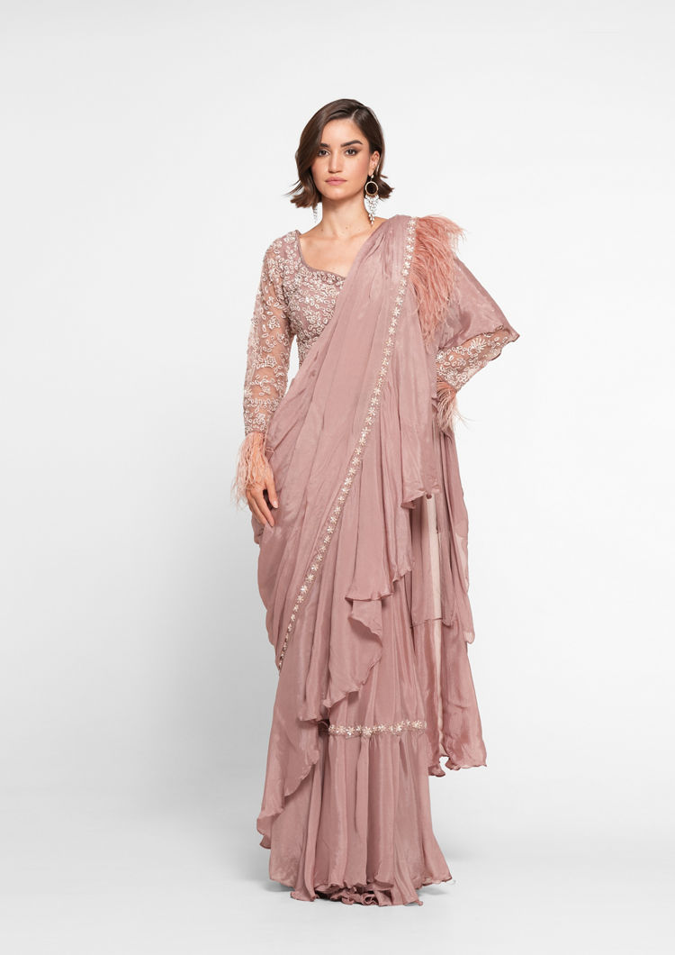 Twamev Women Dusty Pink Elegance Georgette Saree image number 0