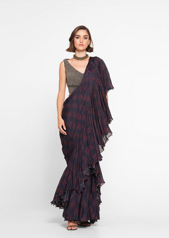 Twamev Women Elegant Indigo Blue Chinon Festive Saree