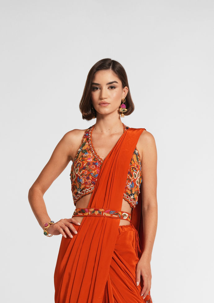 Twamev Women Radiant Orange Satin Saree