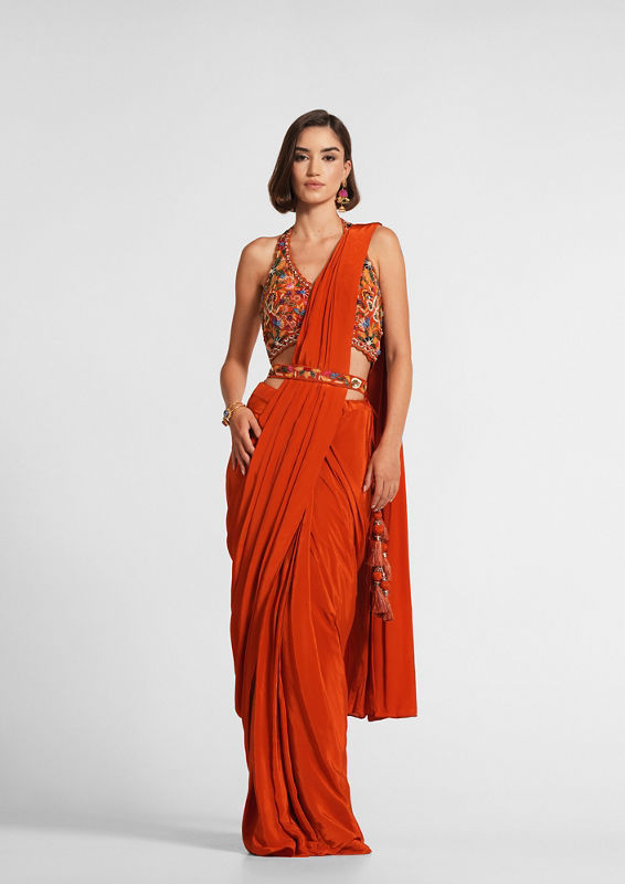 Twamev Women Radiant Orange Satin Saree