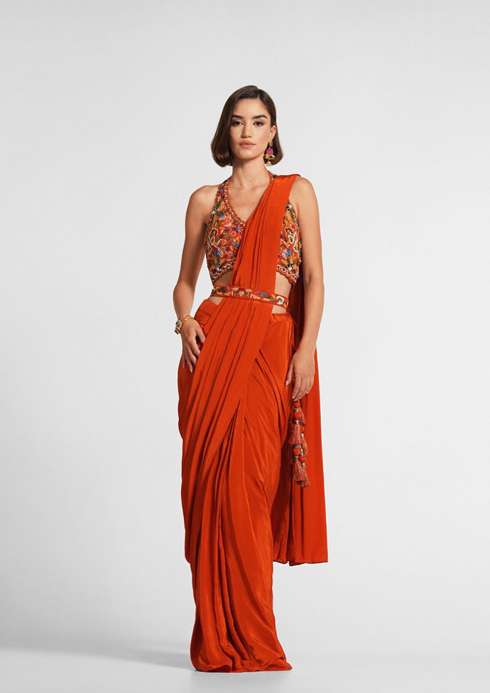 Twamev Women Radiant Orange Satin Saree
