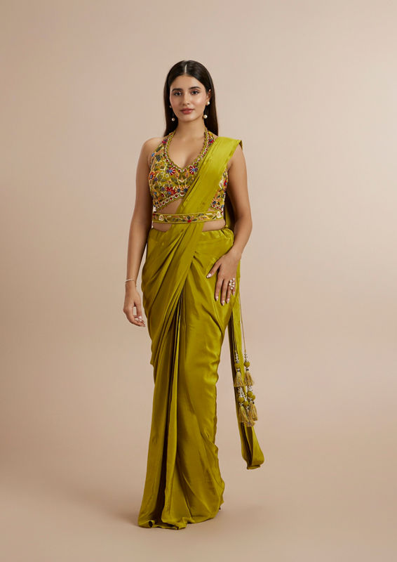 Twamev Women Elegant Green Satin Saree