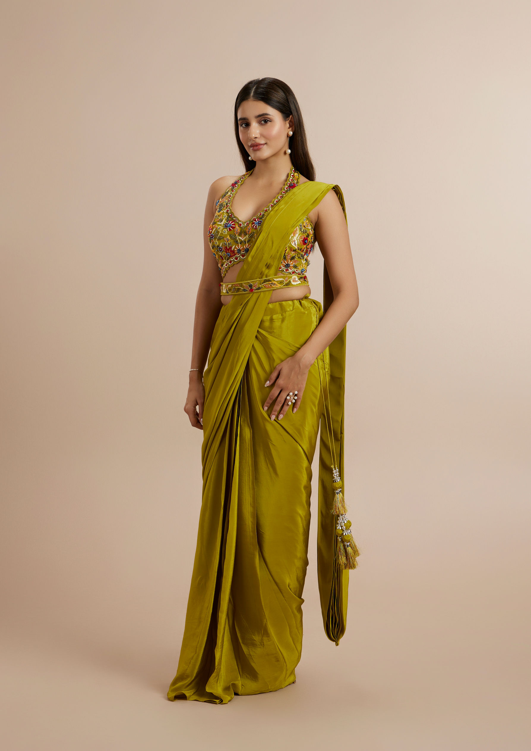 Twamev Women Elegant Green Satin Saree