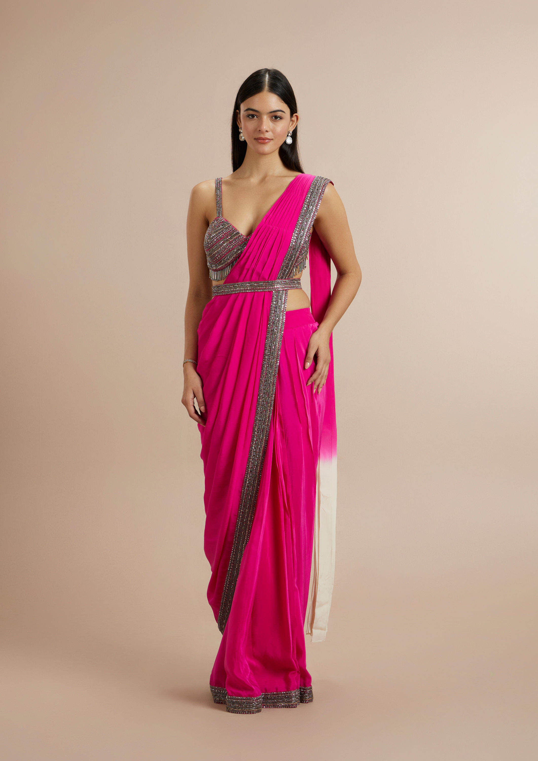 Twamev Women Twirling Rani Pink Satin Saree