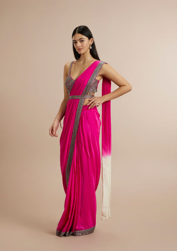 Twamev Women Twirling Rani Pink Satin Saree