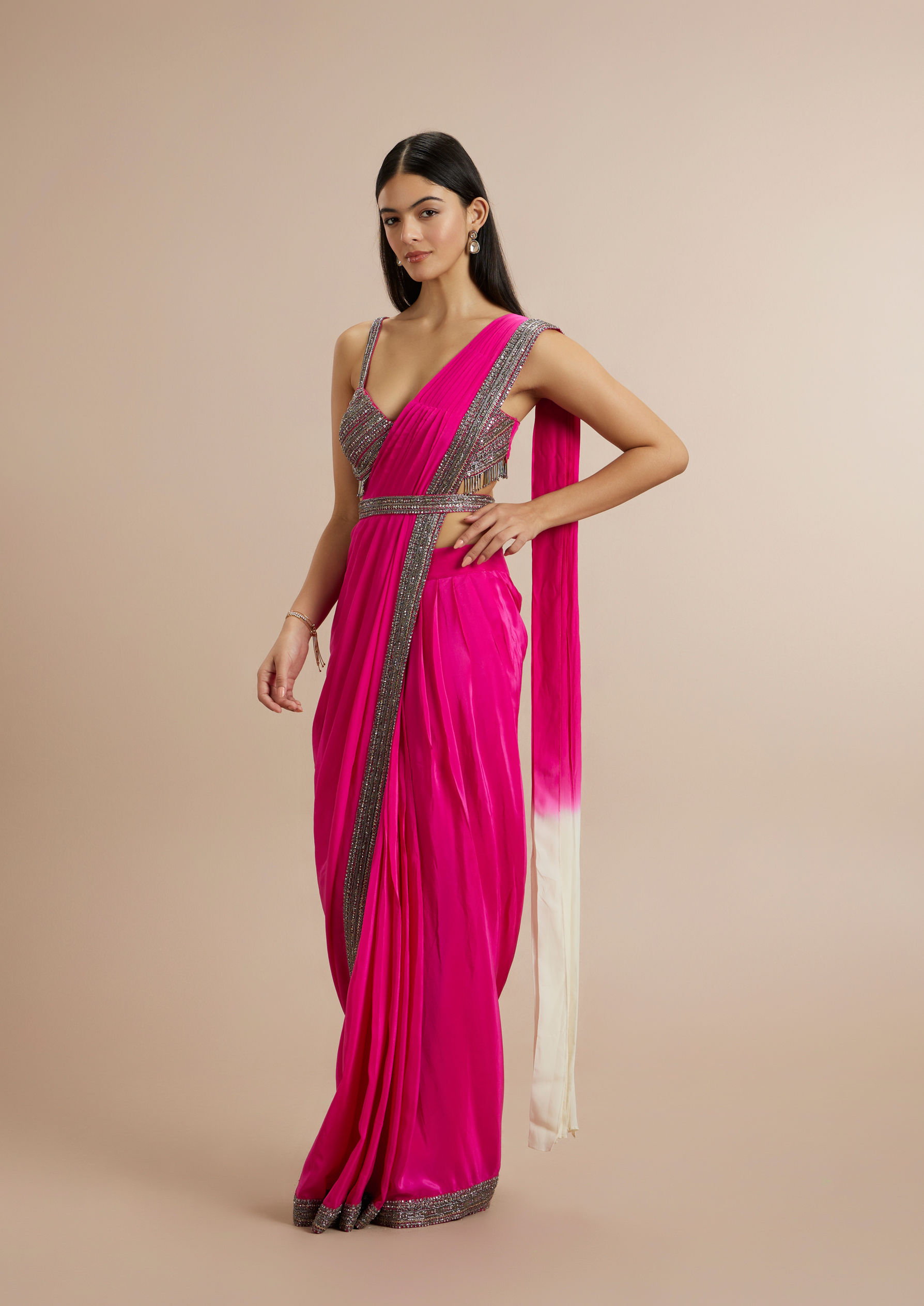 Twamev Women Twirling Rani Pink Satin Saree