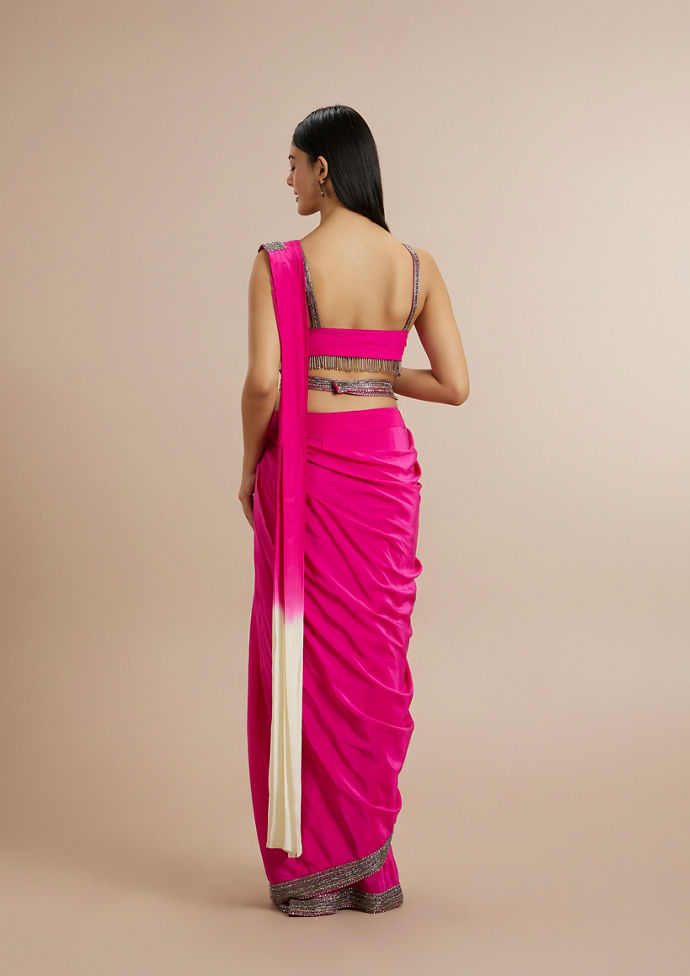 Twamev Women Twirling Rani Pink Satin Saree