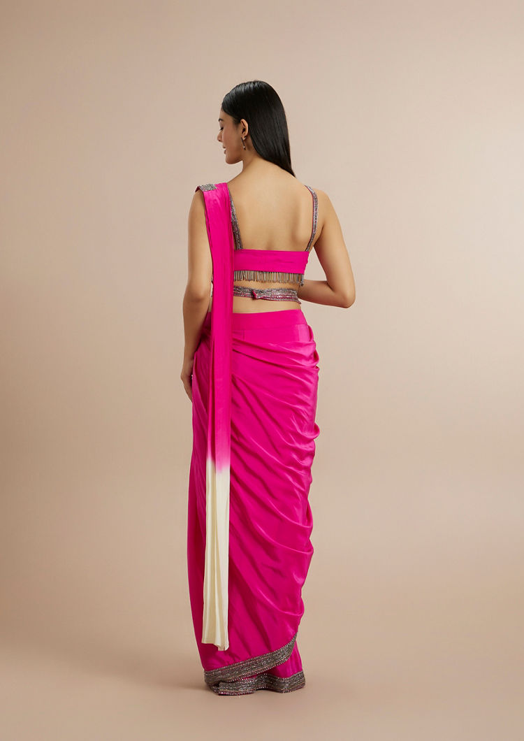 Twamev Women Twirling Rani Pink Satin Saree