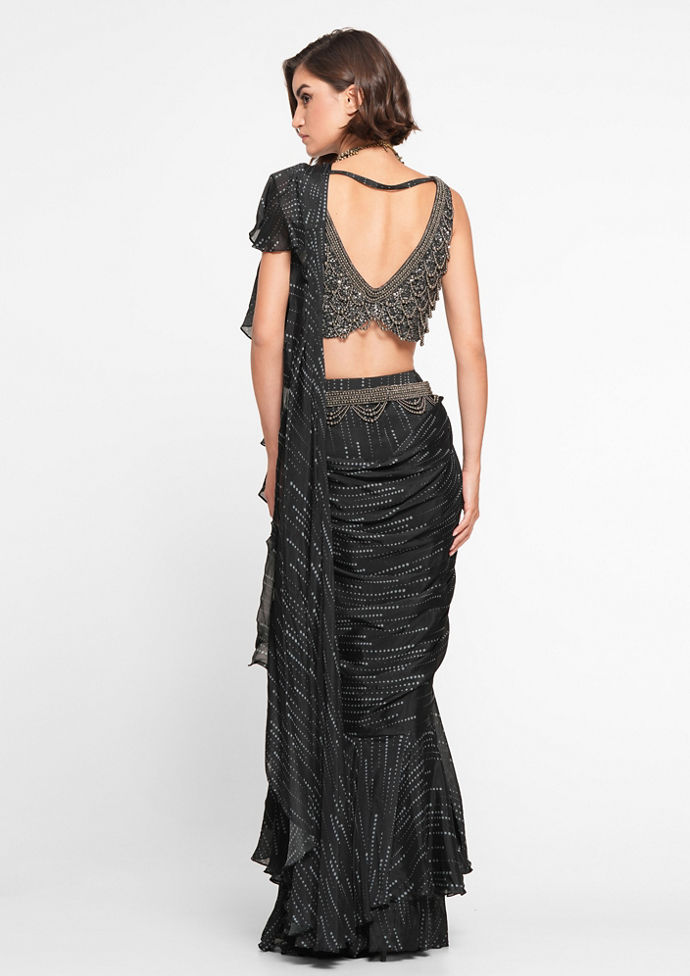 Twamev Women Black Chinon Sequin Elegance Saree