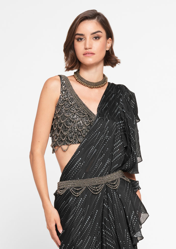 Twamev Women Black Chinon Sequin Elegance Saree