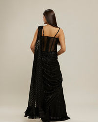 Twamev Women Black Georgette Velvet Floral Bead Work Corset Ruffle Draped Saree