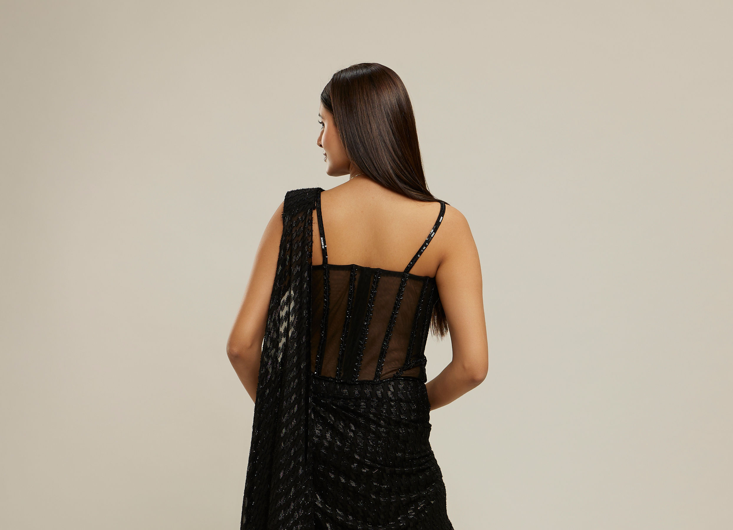Twamev Women Black Georgette Velvet Floral Bead Work Corset Ruffle Draped Saree