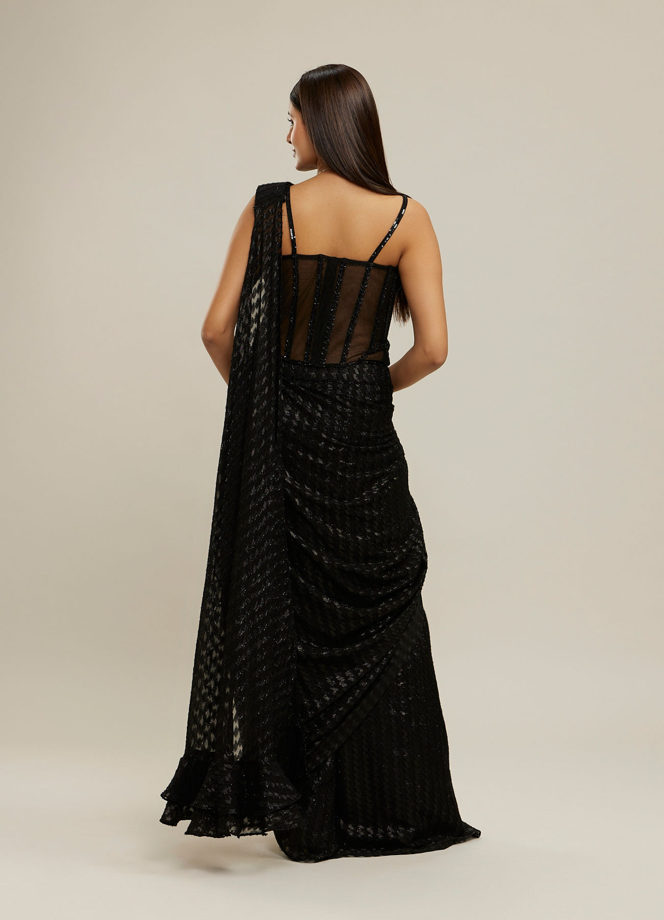 Twamev Women Black Georgette Velvet Floral Bead Work Corset Ruffle Draped Saree
