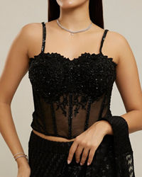 Twamev Women Black Georgette Velvet Floral Bead Work Corset Ruffle Draped Saree