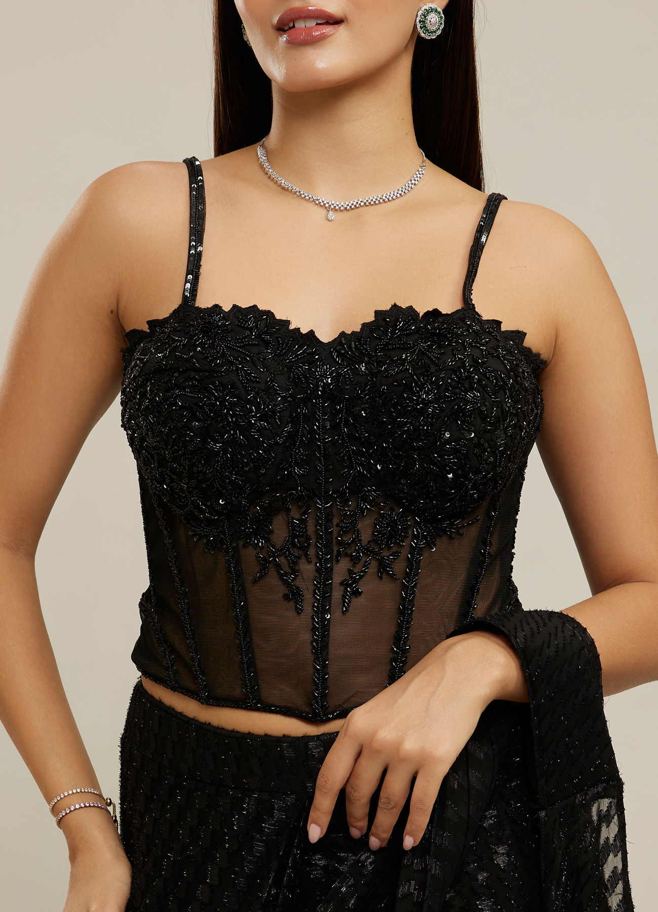 Twamev Women Black Georgette Velvet Floral Bead Work Corset Ruffle Draped Saree
