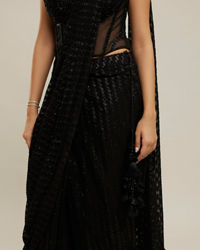 Twamev Women Black Georgette Velvet Floral Bead Work Corset Ruffle Draped Saree