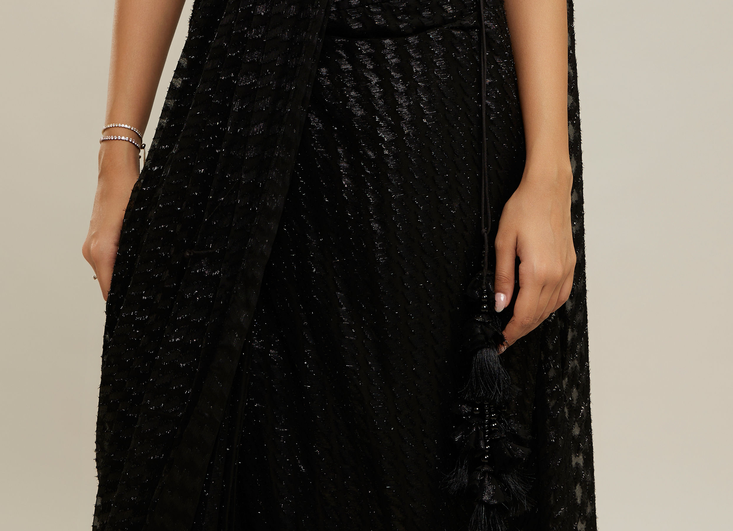 Twamev Women Black Georgette Velvet Floral Bead Work Corset Ruffle Draped Saree