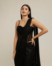 Twamev Women Black Georgette Velvet Floral Bead Work Corset Ruffle Draped Saree