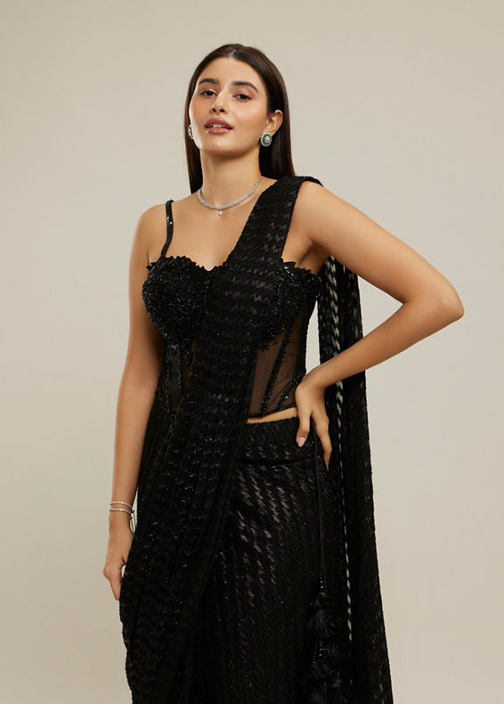 Twamev Women Black Georgette Velvet Floral Bead Work Corset Ruffle Draped Saree