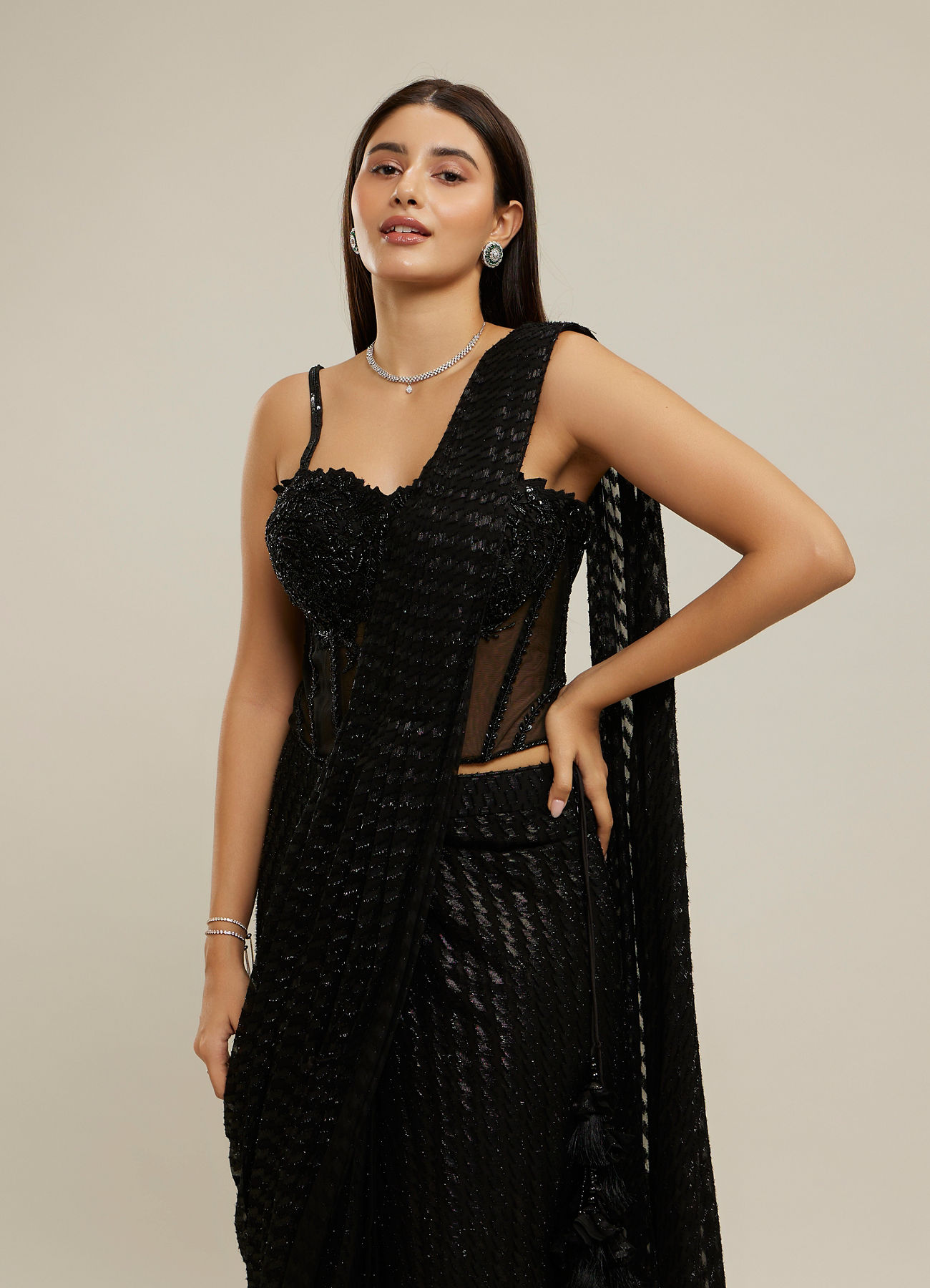 Twamev Women Black Georgette Velvet Floral Bead Work Corset Ruffle Draped Saree
