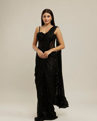 Twamev Women Black Georgette Velvet Floral Bead Work Corset Ruffle Draped Saree