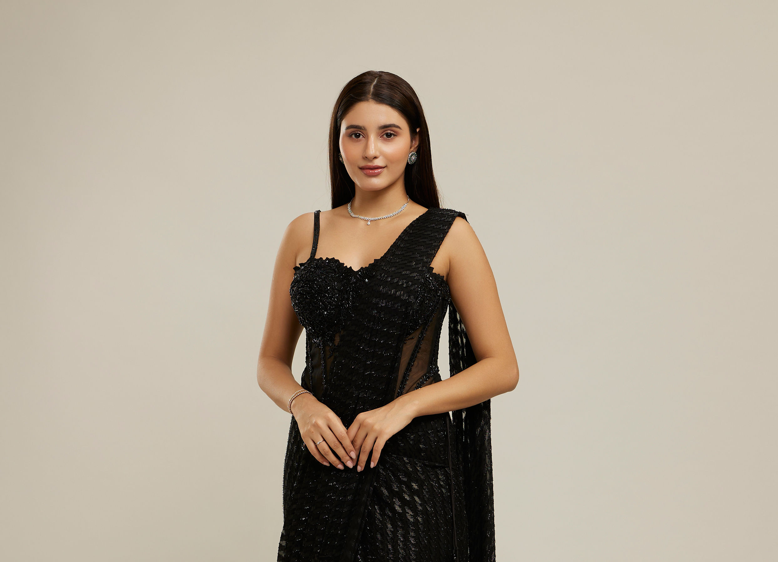 Twamev Women Black Georgette Velvet Floral Bead Work Corset Ruffle Draped Saree