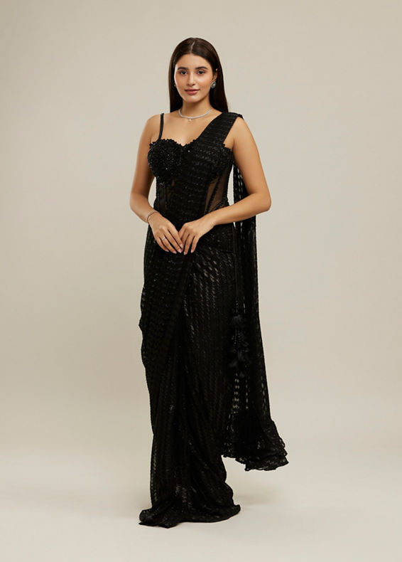 Twamev Women Black Georgette Velvet Floral Bead Work Corset Ruffle Draped Saree