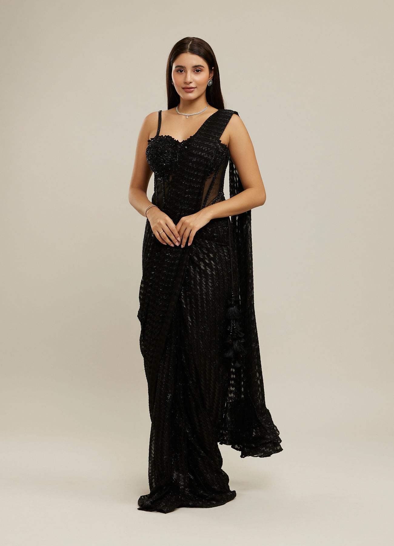 Twamev Women Black Georgette Velvet Floral Bead Work Corset Ruffle Draped Saree