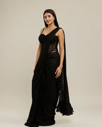 Twamev Women Black Georgette Velvet Floral Bead Work Corset Ruffle Draped Saree