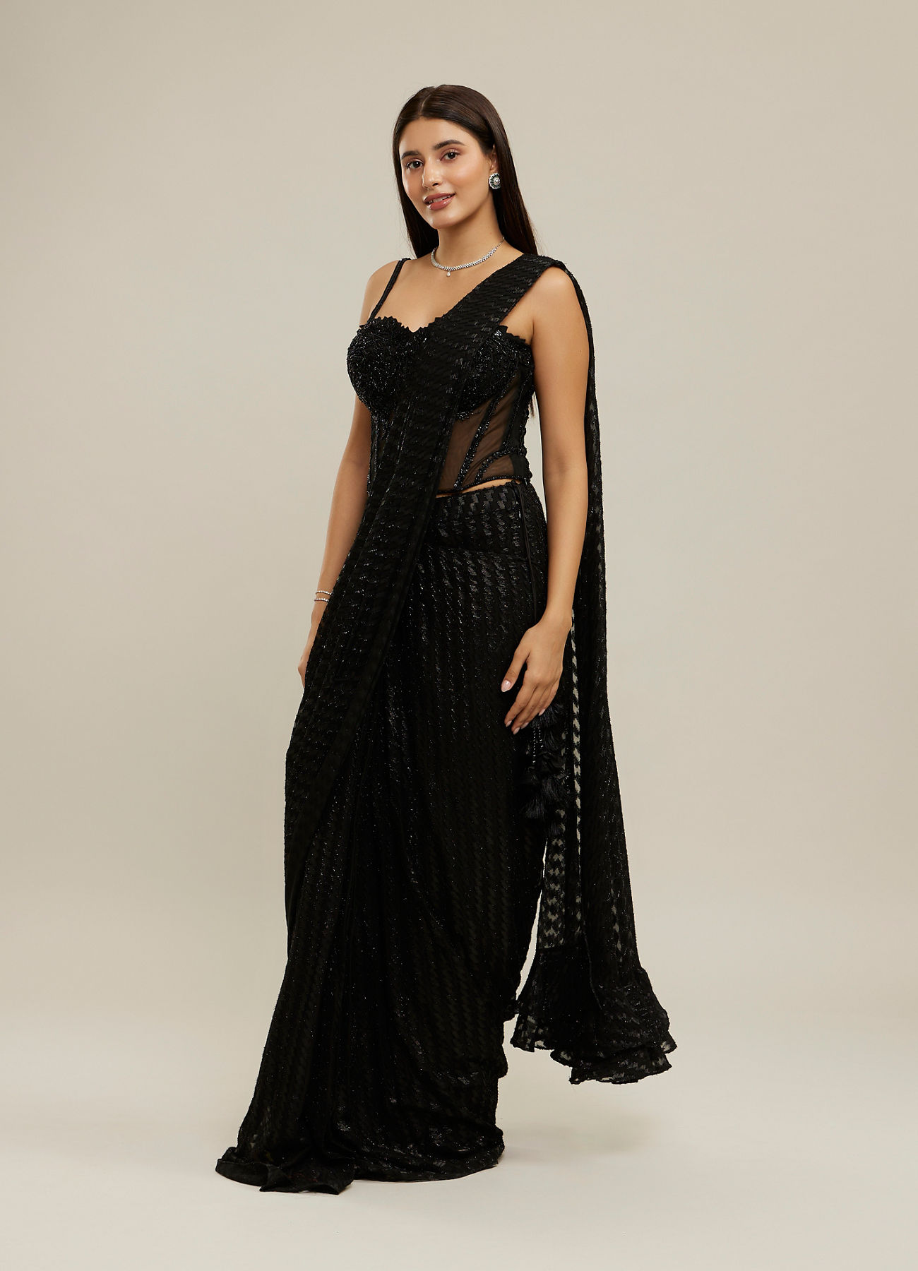 Twamev Women Black Georgette Velvet Floral Bead Work Corset Ruffle Draped Saree