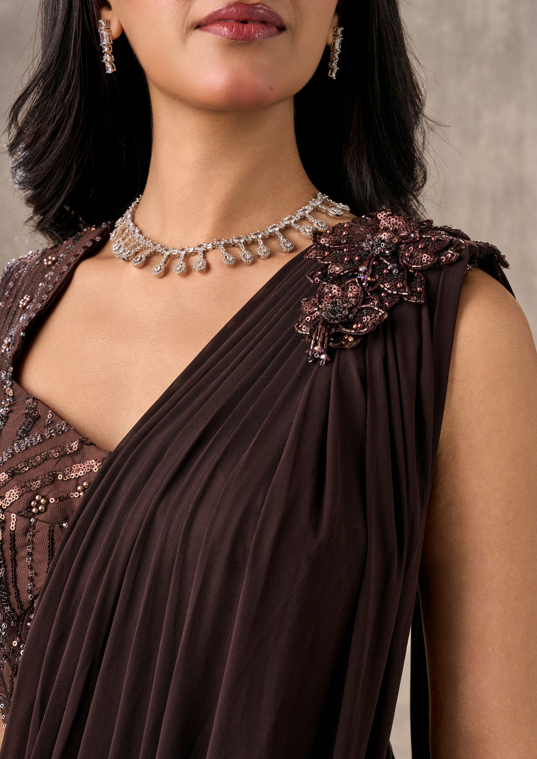 Twamev Women Elegant Brown Symphony Saree