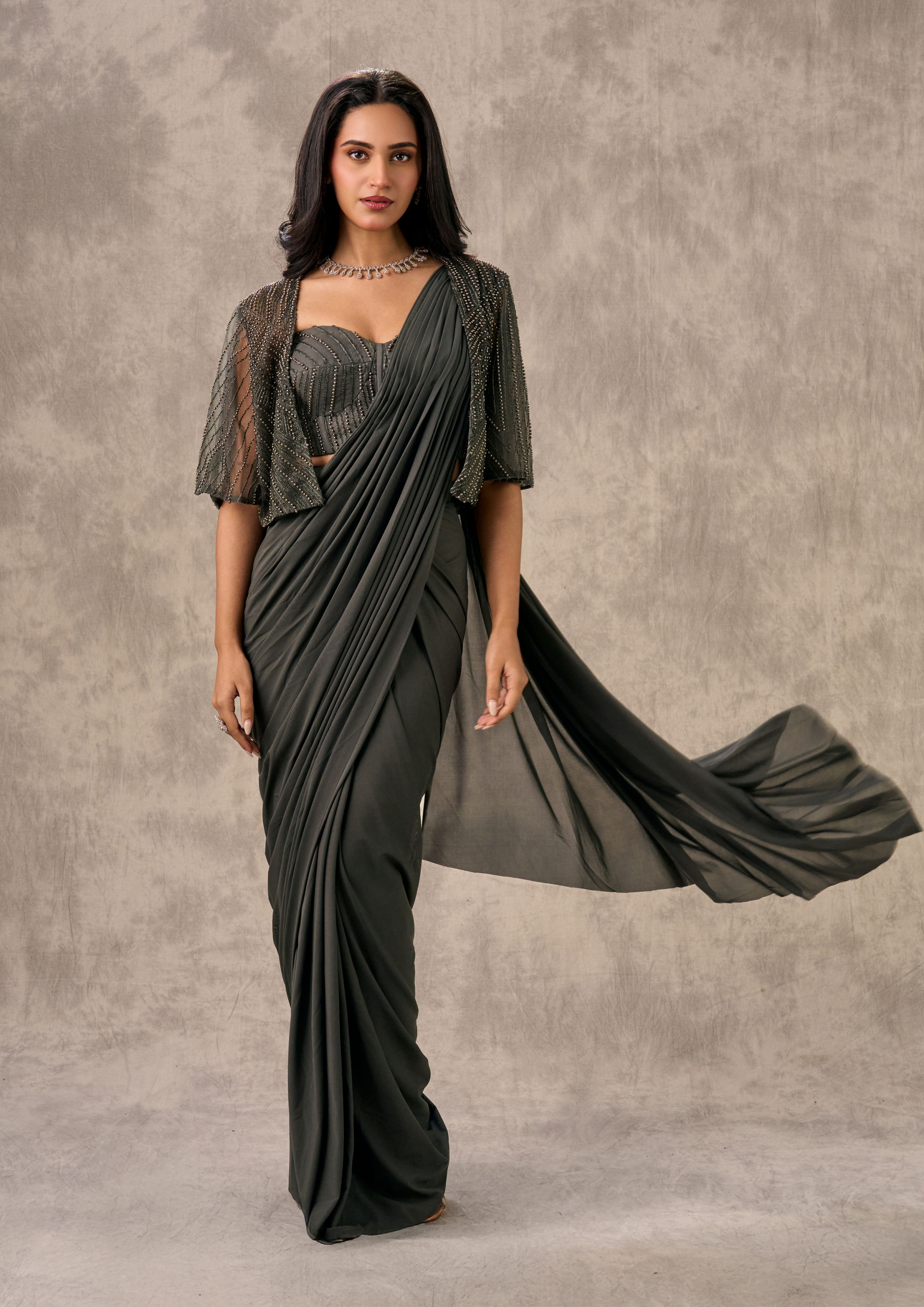 Twamev Women Elegance Unleashed Grey Saree Ensemble