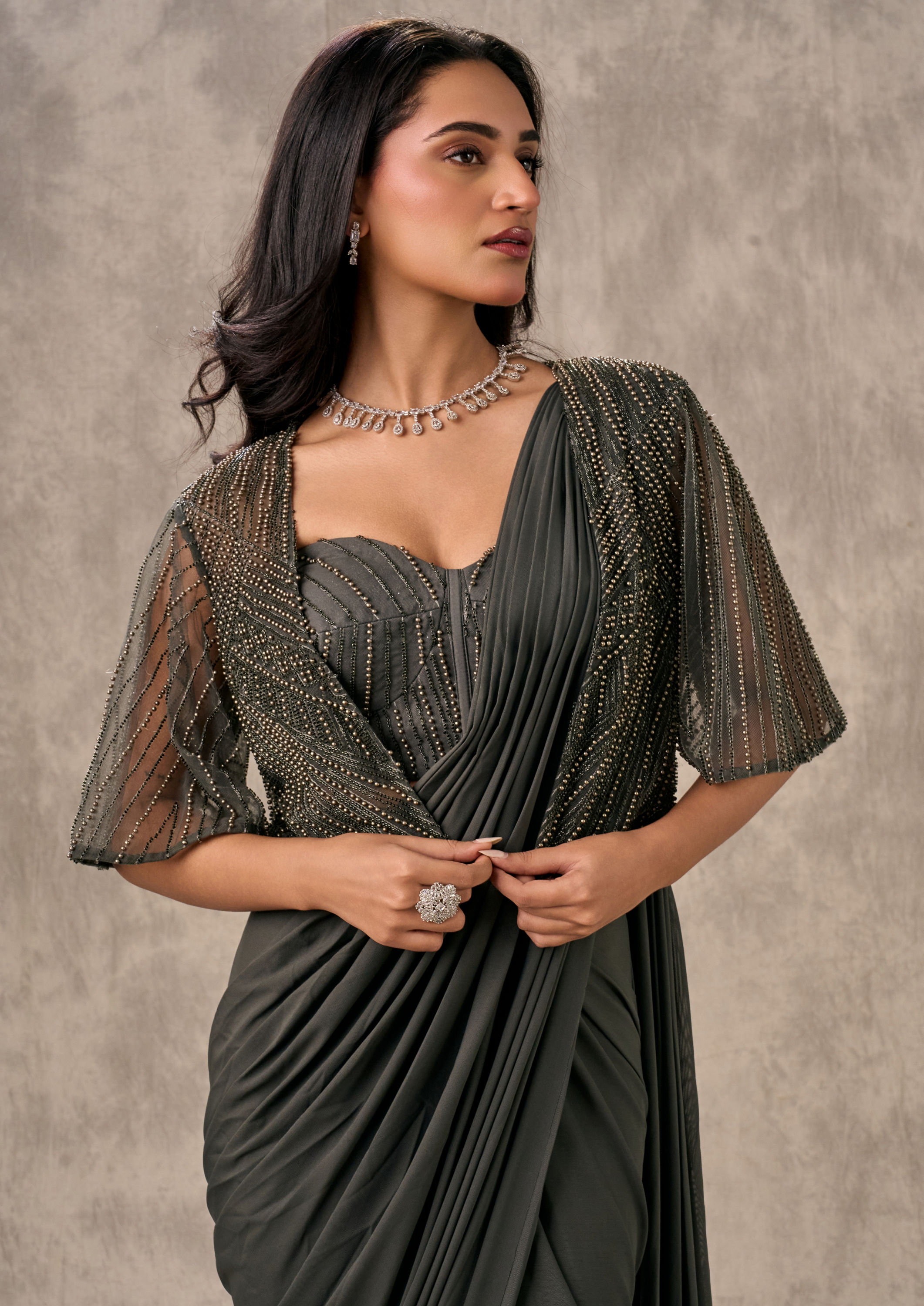 Twamev Women Elegance Unleashed Grey Saree Ensemble